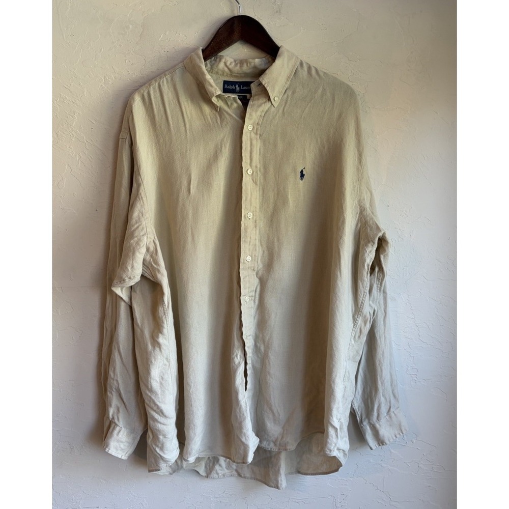 Vintage 90s Ralph Lauren 100% Linen Blake Button Up Long Sleeve Shirt XL Beige